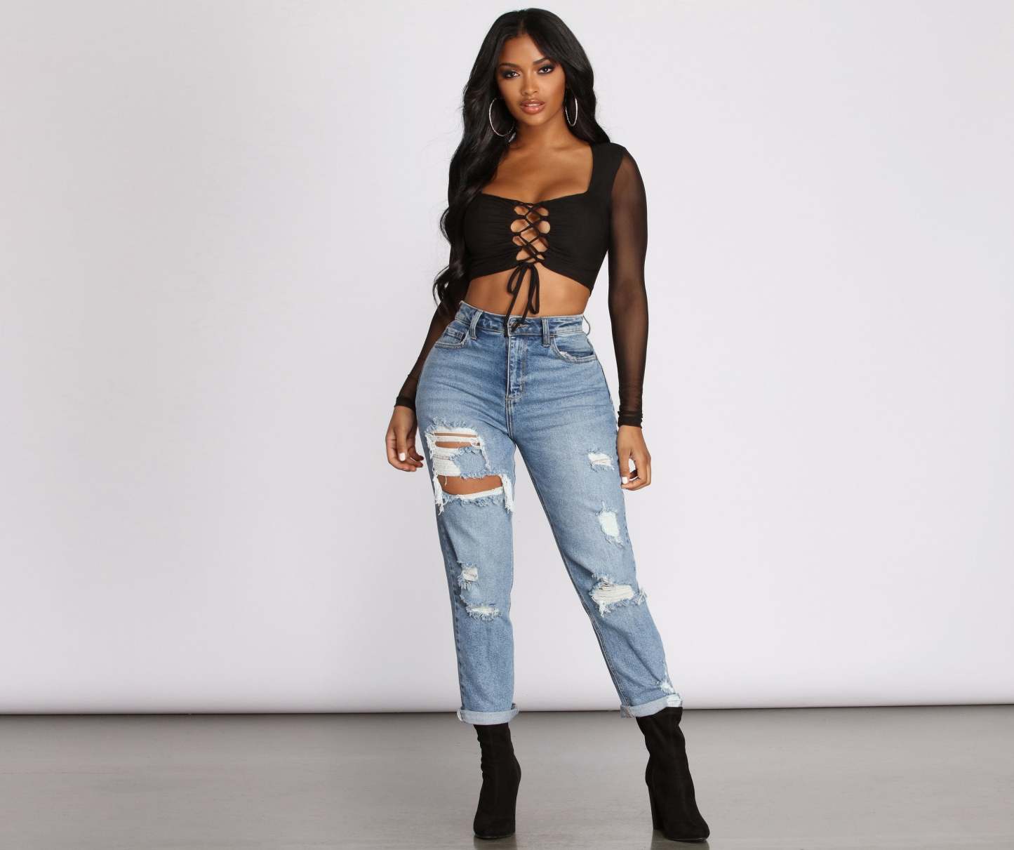 Lace Up Mesh Crop Top - Lady Occasions