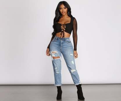 Lace Up Mesh Crop Top - Lady Occasions