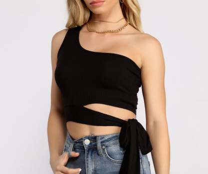 One Shoulder Tie Waist Crop Top - Lady Occasions