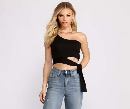 One Shoulder Tie Waist Crop Top - Lady Occasions