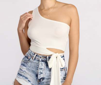One Shoulder Tie Waist Crop Top - Lady Occasions