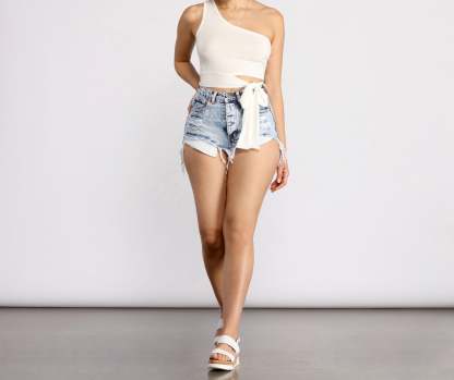 One Shoulder Tie Waist Crop Top - Lady Occasions