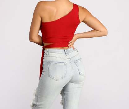 One Shoulder Tie Waist Crop Top - Lady Occasions