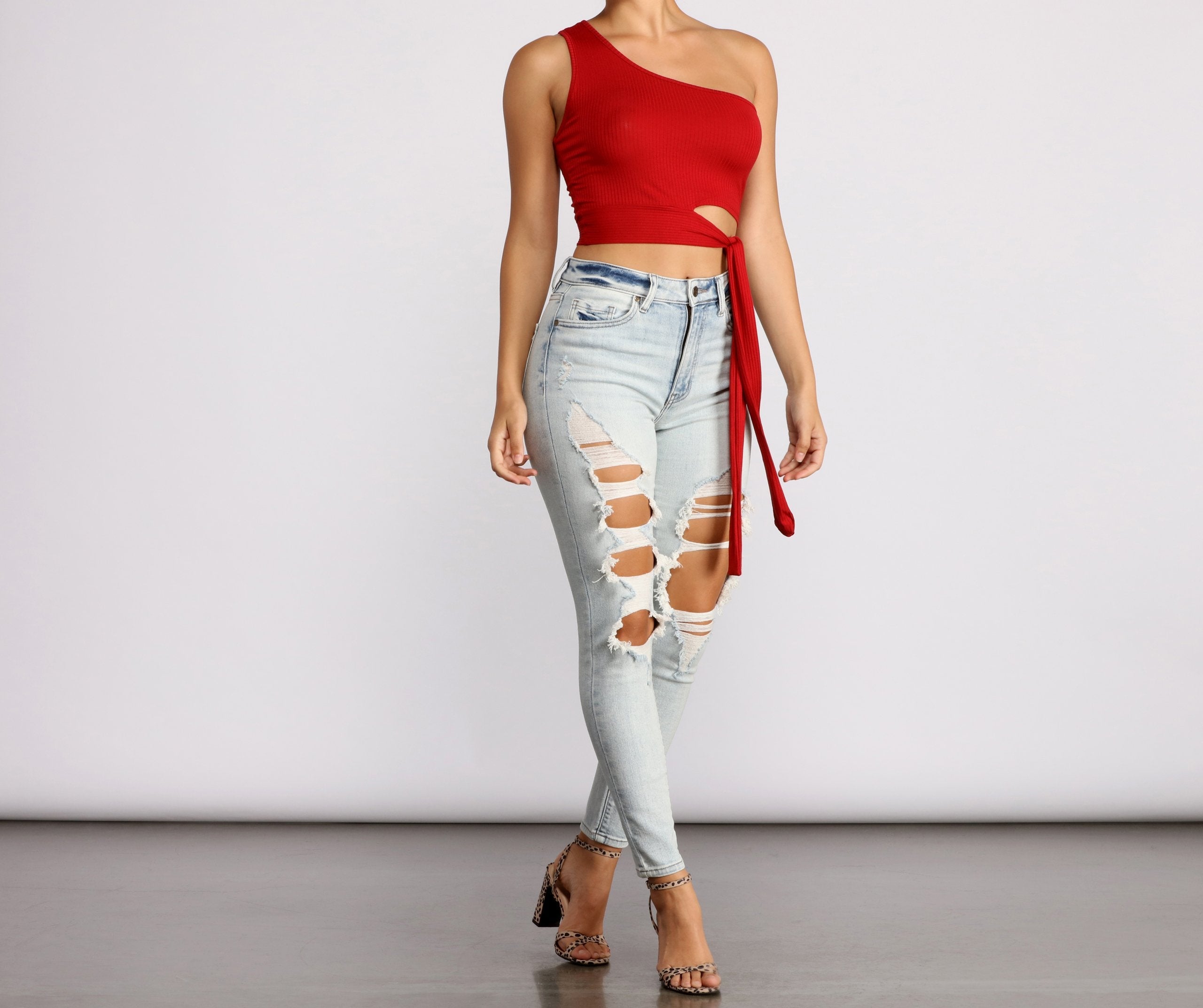 One Shoulder Tie Waist Crop Top - Lady Occasions