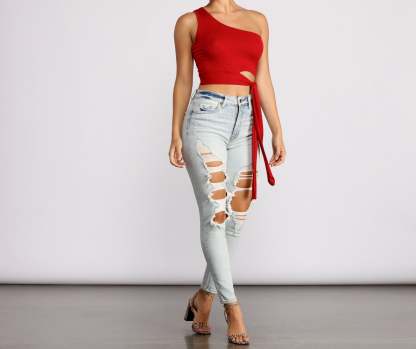 One Shoulder Tie Waist Crop Top - Lady Occasions