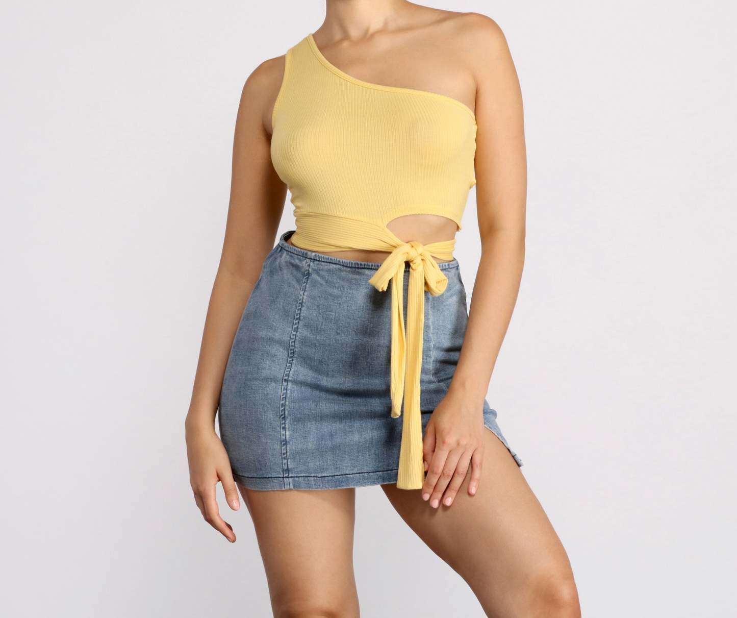 One Shoulder Tie Waist Crop Top - Lady Occasions