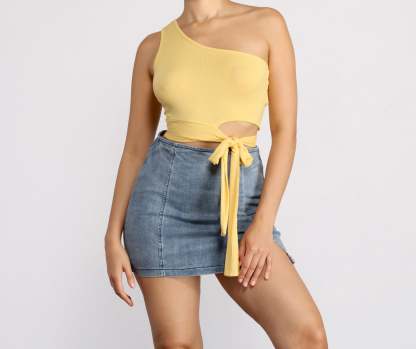 One Shoulder Tie Waist Crop Top - Lady Occasions
