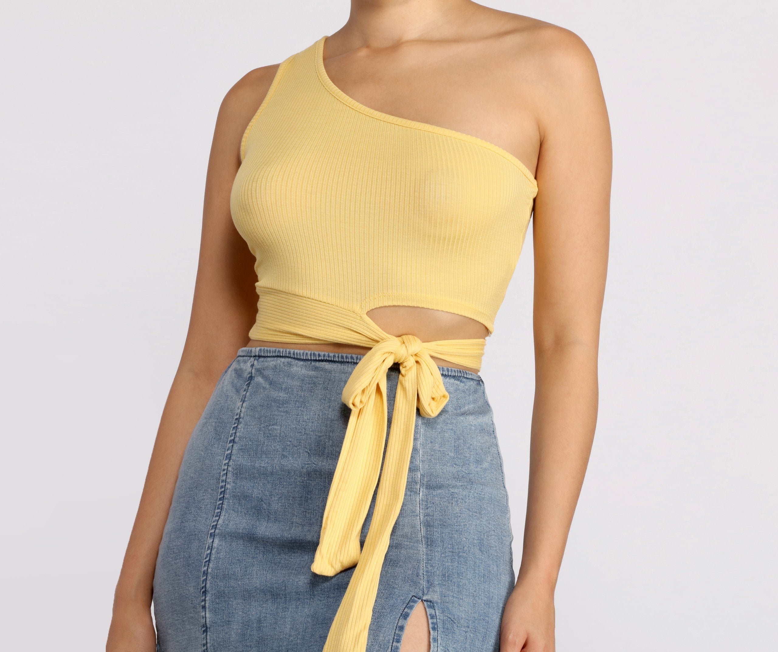 One Shoulder Tie Waist Crop Top - Lady Occasions
