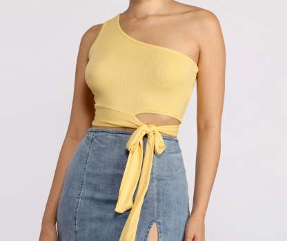 One Shoulder Tie Waist Crop Top - Lady Occasions