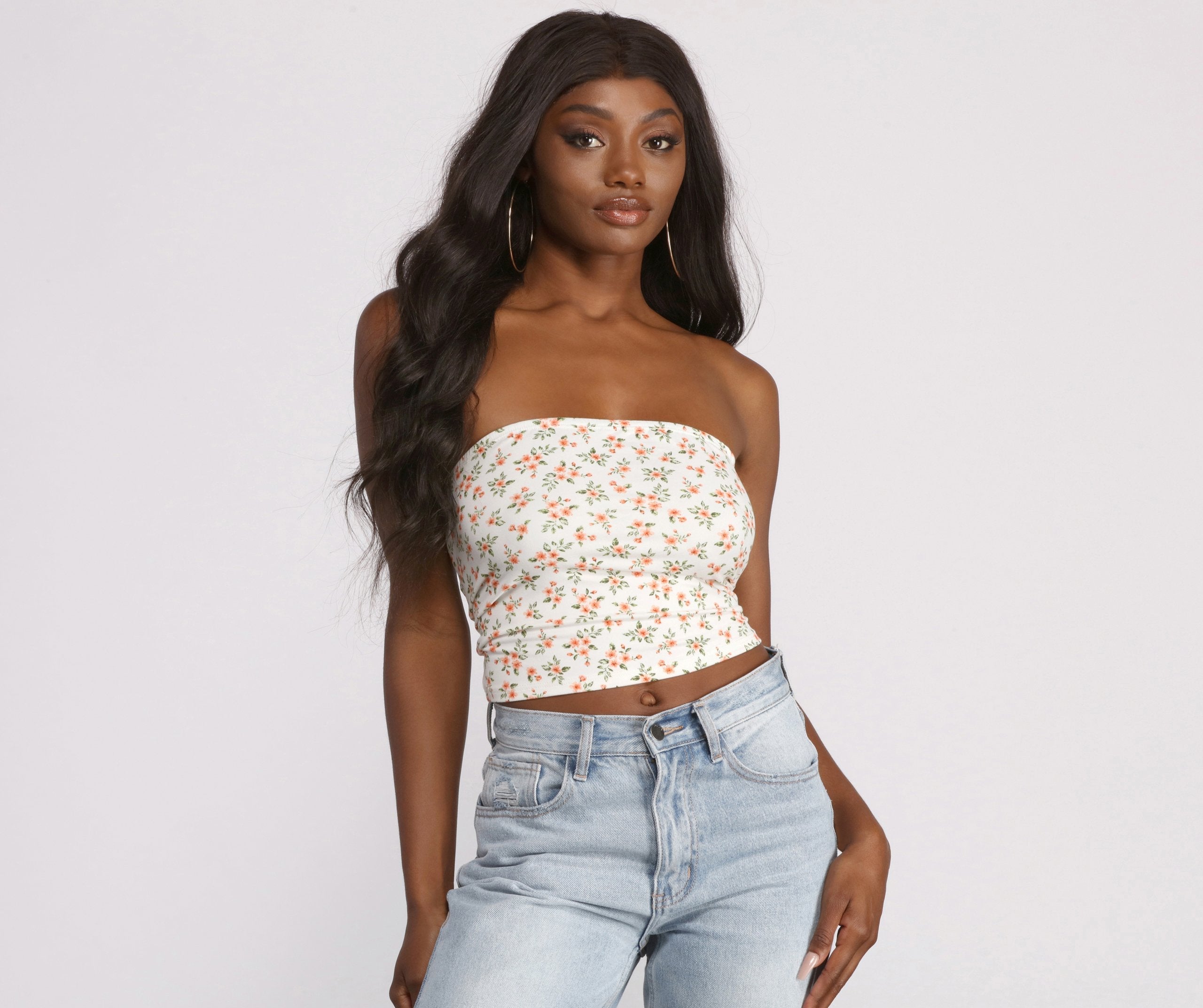 Cropped Brushed Knit Ditsy Tube Top - Lady Occasions
