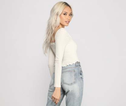 Ribbed And Smocked Square Neck Crop Top - Lady Occasions