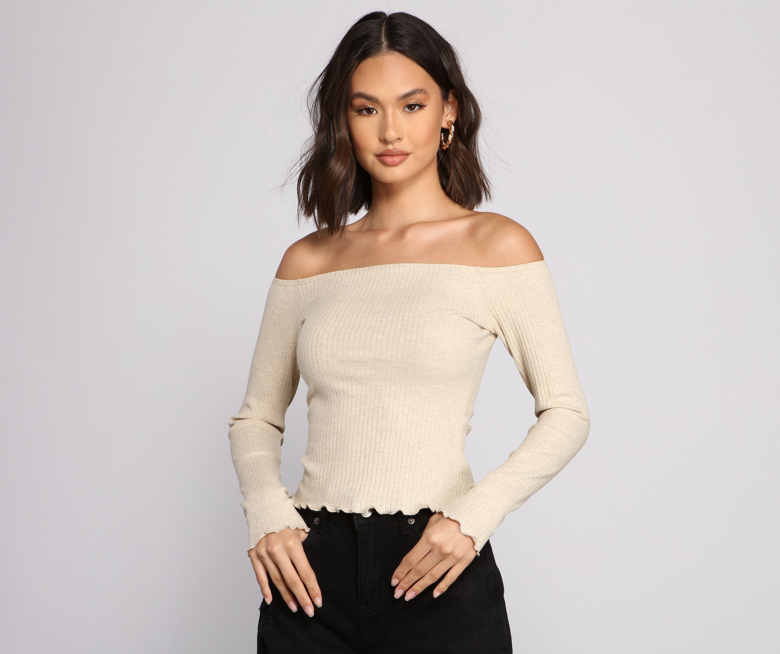 Off The Shoulder Long Sleeve Ribbed Knit Top - Lady Occasions