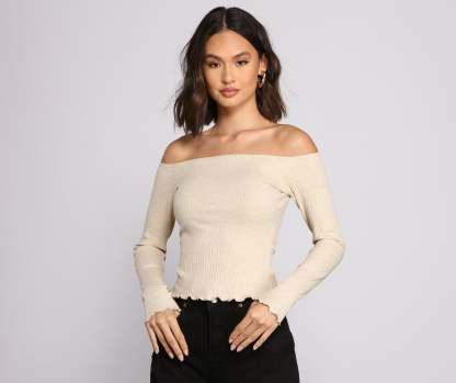 Off The Shoulder Long Sleeve Ribbed Knit Top - Lady Occasions