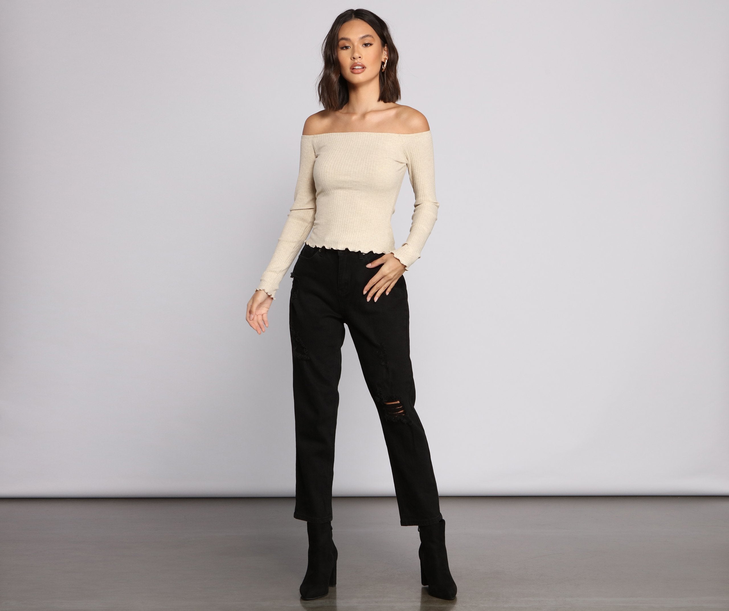 Off The Shoulder Long Sleeve Ribbed Knit Top - Lady Occasions