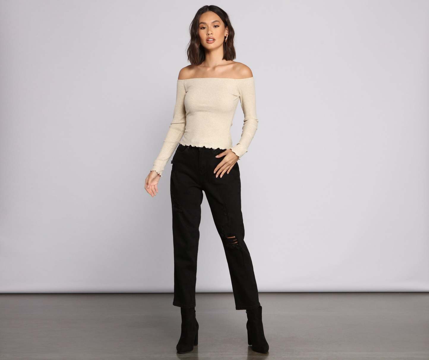 Off The Shoulder Long Sleeve Ribbed Knit Top - Lady Occasions