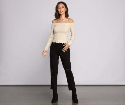 Off The Shoulder Long Sleeve Ribbed Knit Top - Lady Occasions