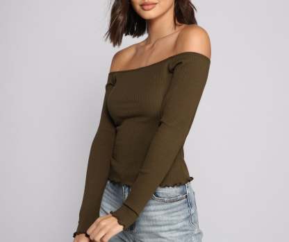Off The Shoulder Long Sleeve Ribbed Knit Top - Lady Occasions