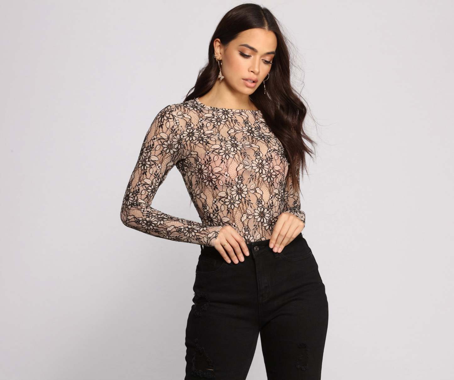 Two Tone Floral Lace Bodysuit - Lady Occasions