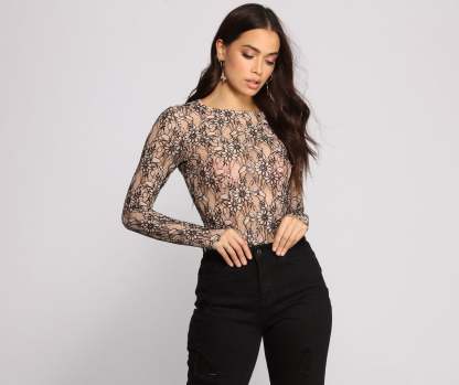 Two Tone Floral Lace Bodysuit - Lady Occasions