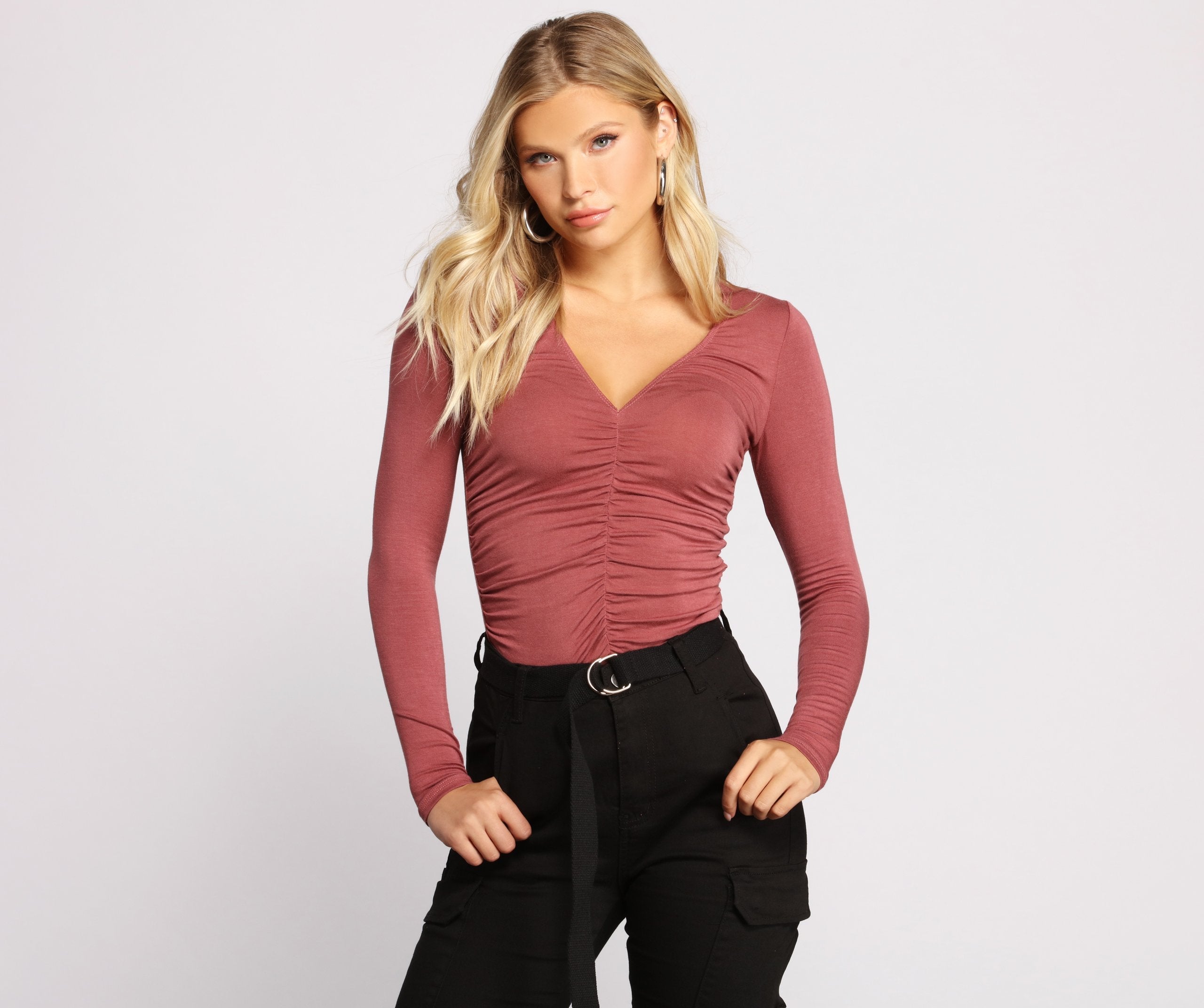 Ruched V Neck Jersey Knit Crop Top - Lady Occasions