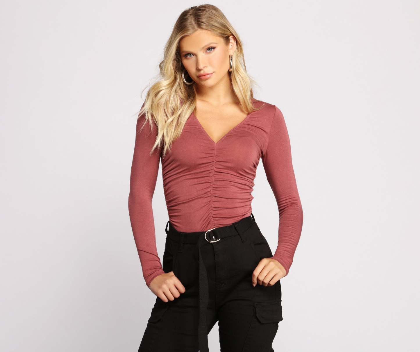 Ruched V Neck Jersey Knit Crop Top - Lady Occasions