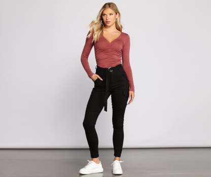 Ruched V Neck Jersey Knit Crop Top - Lady Occasions