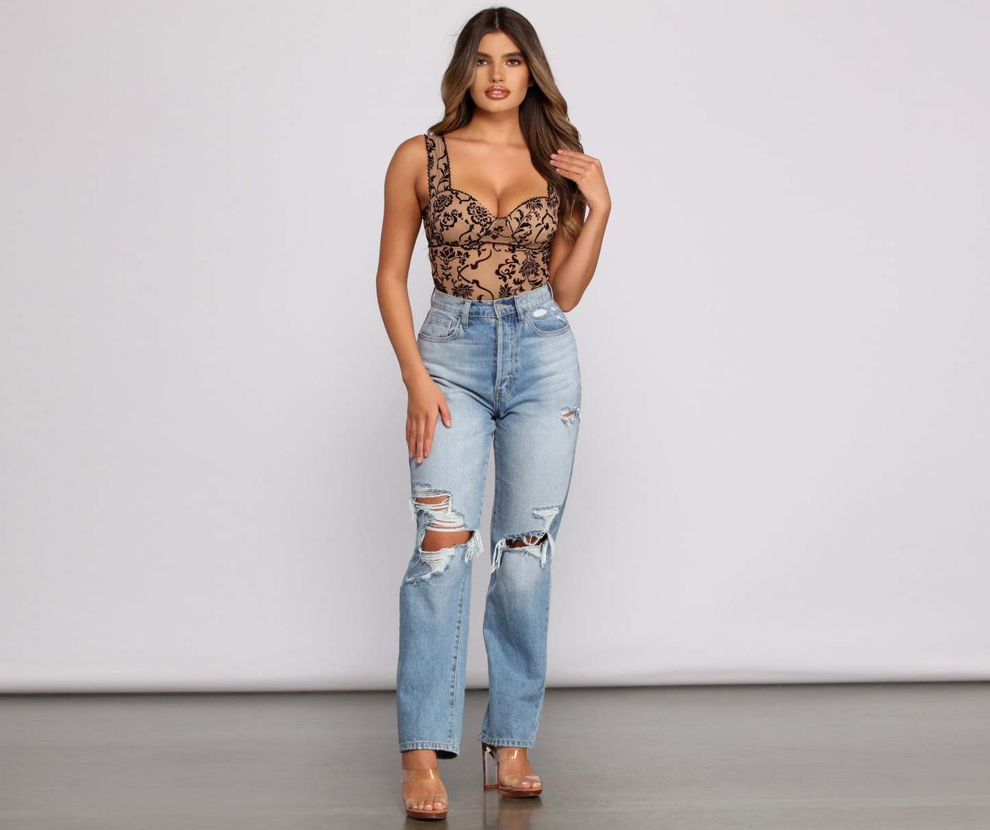Floral Stunner Flocked Bustier Bodysuit - Lady Occasions