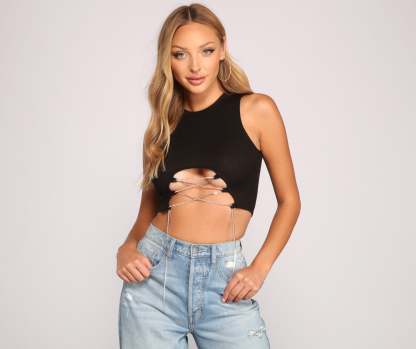 Luxe Vibes Rhinestone Lace-Up Top - Lady Occasions