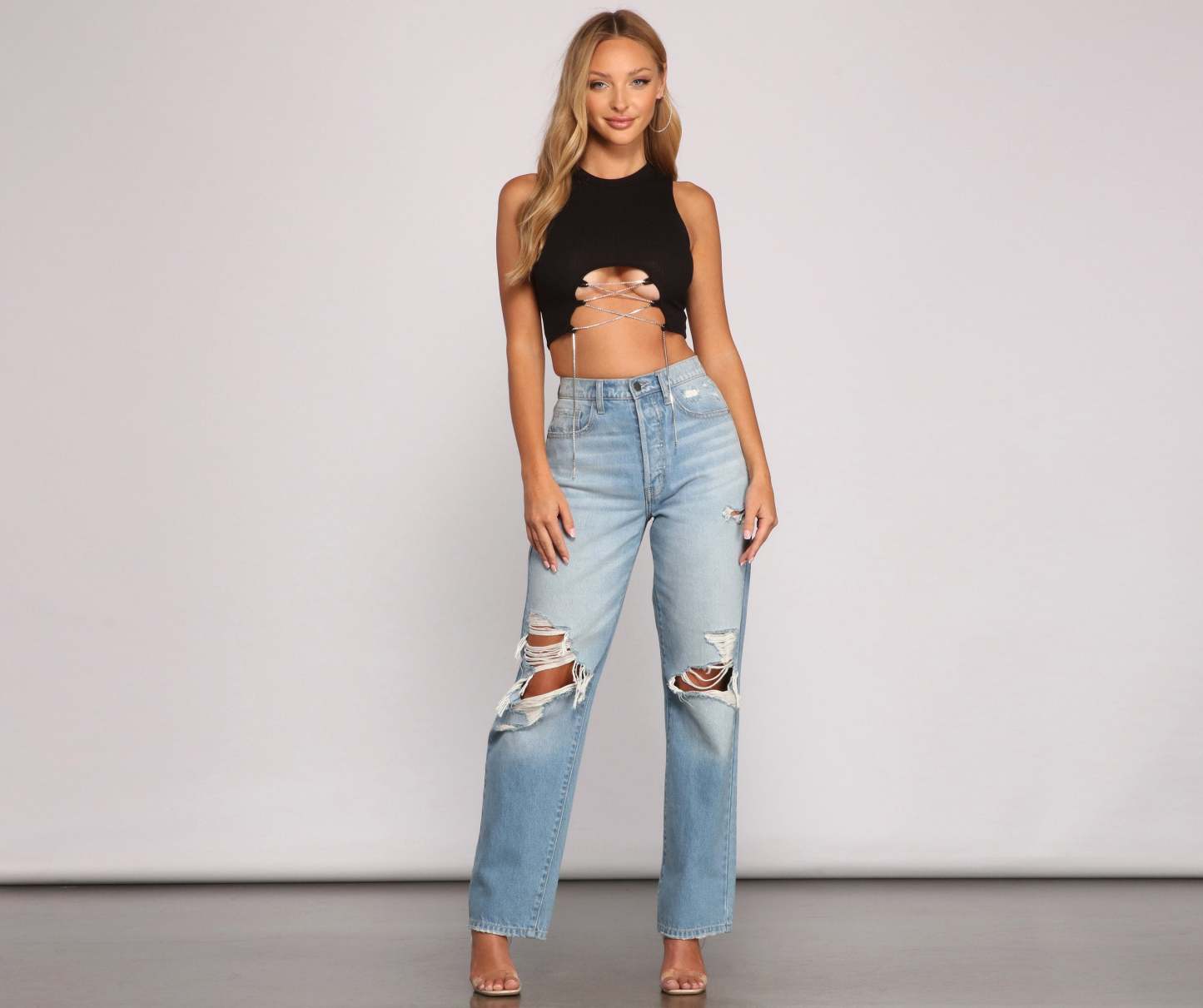 Luxe Vibes Rhinestone Lace-Up Top - Lady Occasions