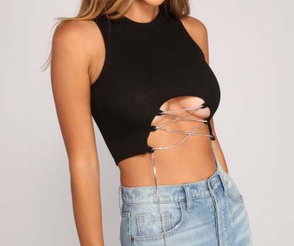 Luxe Vibes Rhinestone Lace-Up Top - Lady Occasions