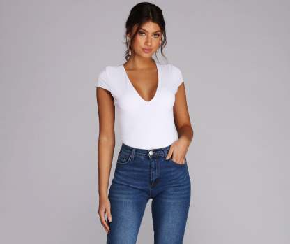 Basic V Neck Bodysuit - Lady Occasions