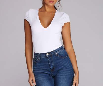 Basic V Neck Bodysuit - Lady Occasions