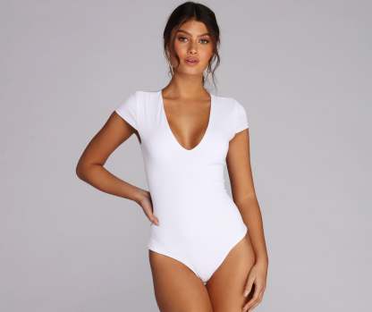 Basic V Neck Bodysuit - Lady Occasions
