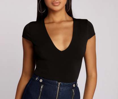 Basic V Neck Bodysuit - Lady Occasions