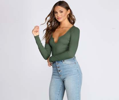 Notched Ribbed Knit Bodysuit - Lady Occasions