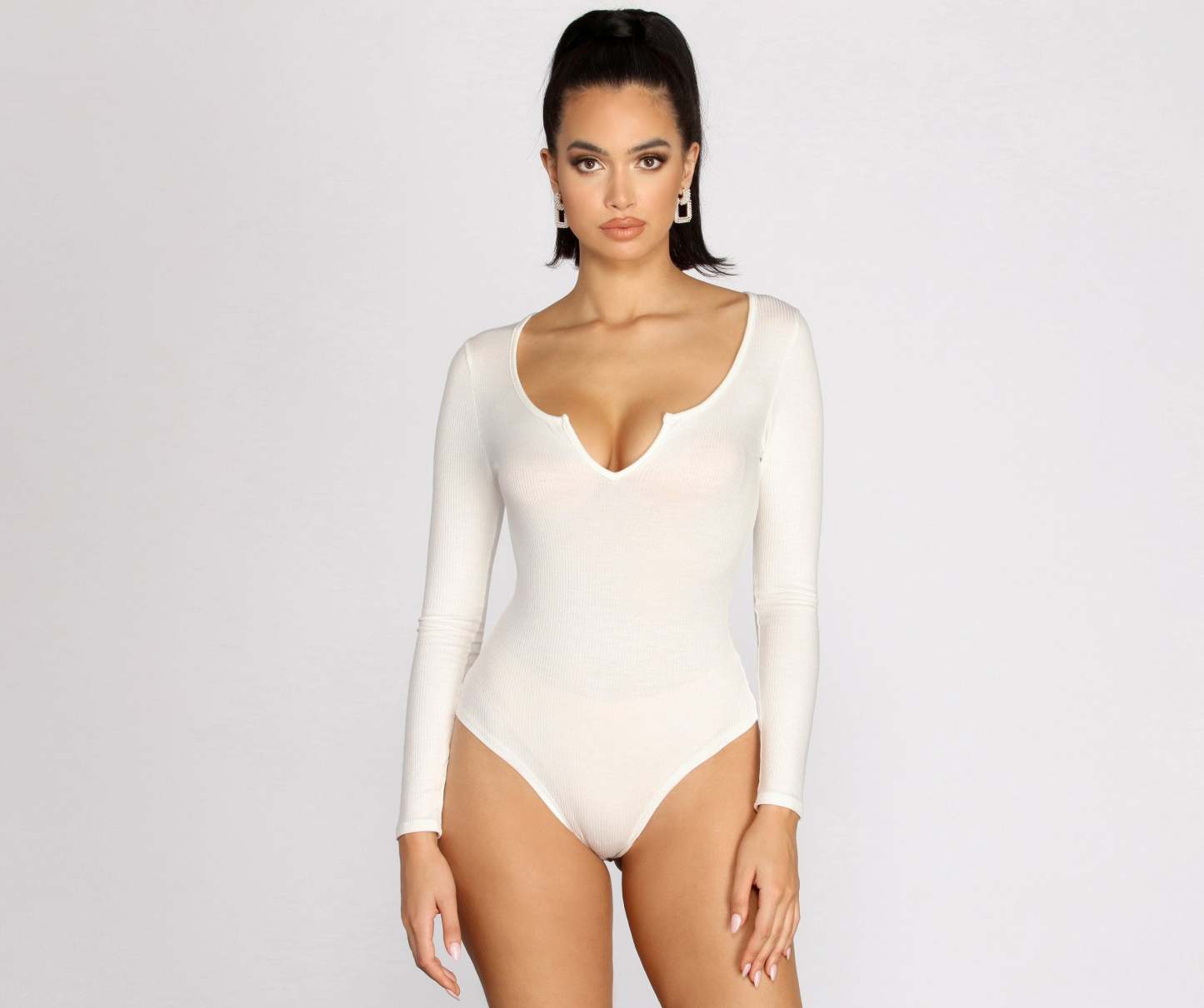 Notched Ribbed Knit Bodysuit - Lady Occasions