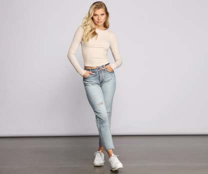 Basic Ribbed Knit Long Sleeve Top - Lady Occasions