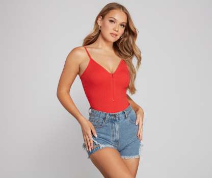 Basic Zip-Front Ribbed Knit Bodysuit - Lady Occasions