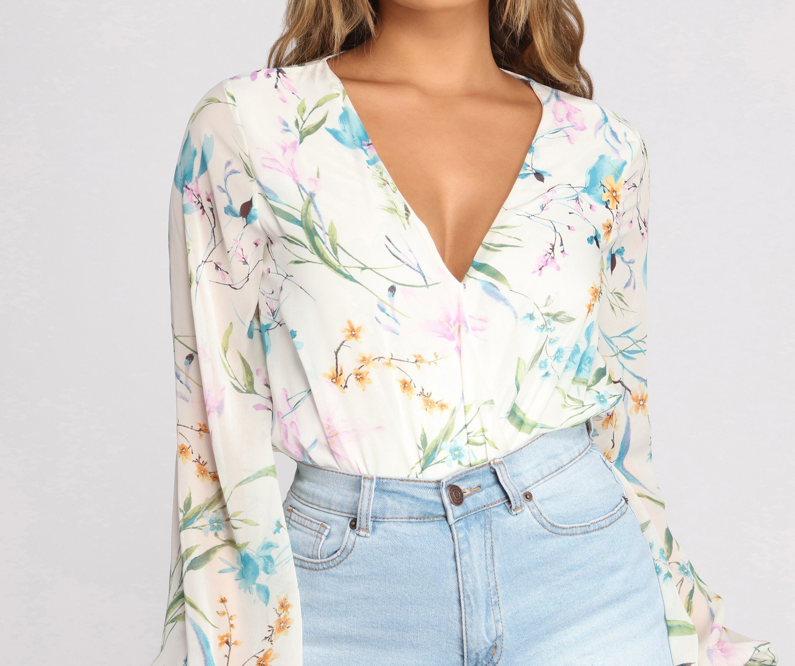 Poised In Petals Floral Chiffon Bodysuit - Lady Occasions