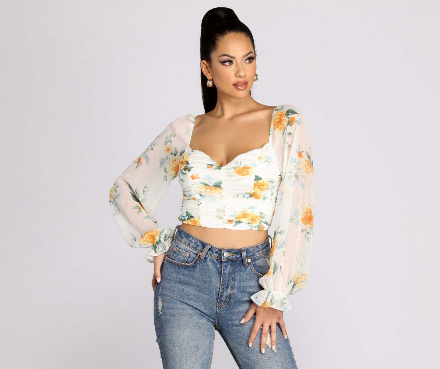Floral Sweetheart Ruched Crop Top - Lady Occasions