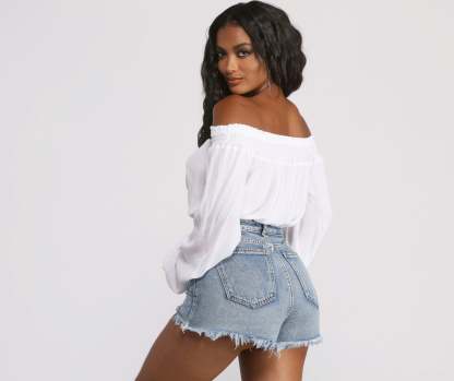 Off The Shoulder Long Sleeve Gauze Crop Top - Lady Occasions