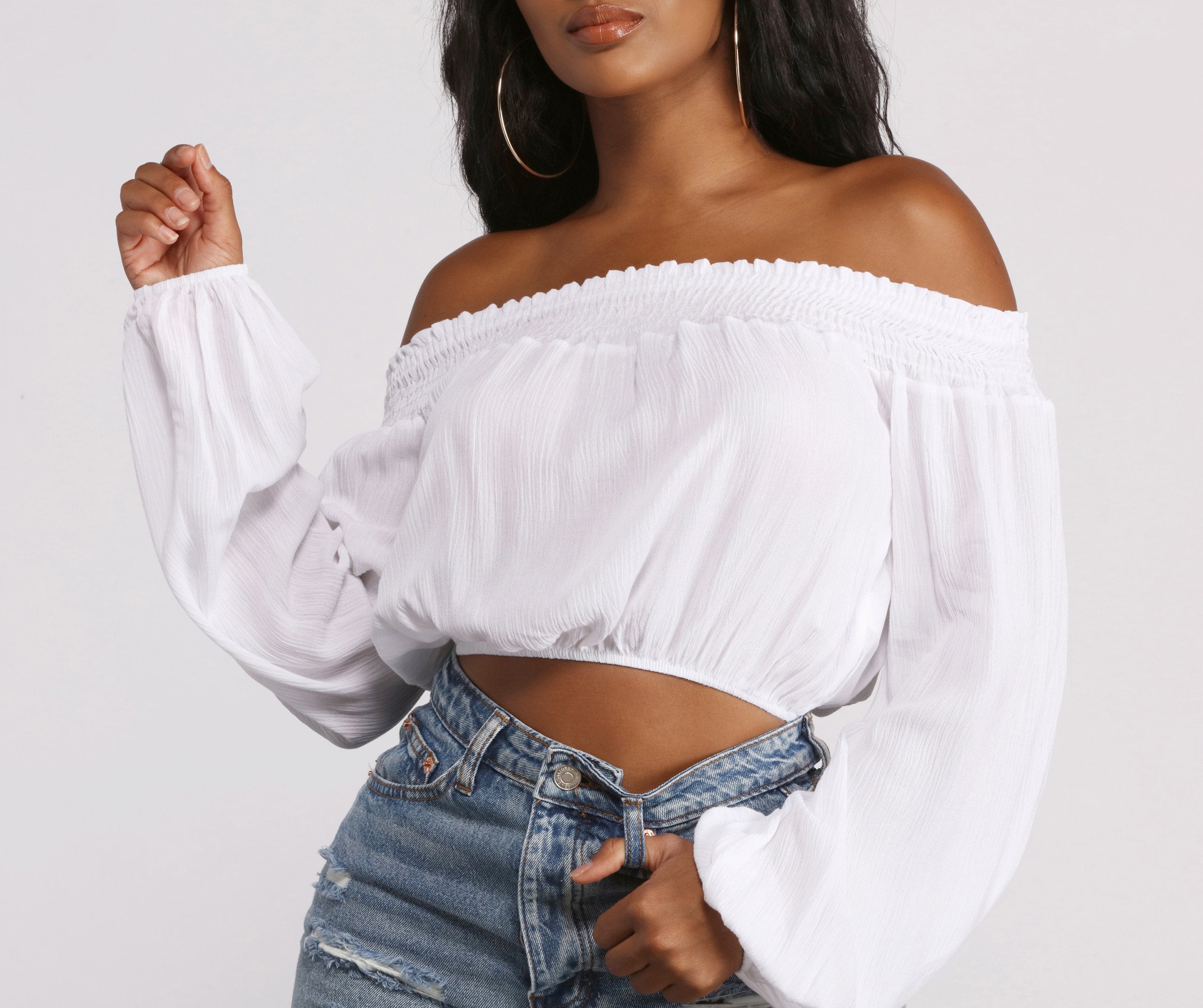 Off The Shoulder Long Sleeve Gauze Crop Top - Lady Occasions