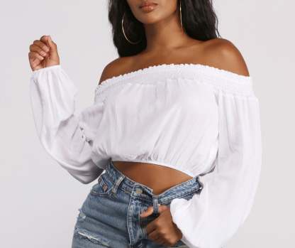 Off The Shoulder Long Sleeve Gauze Crop Top - Lady Occasions