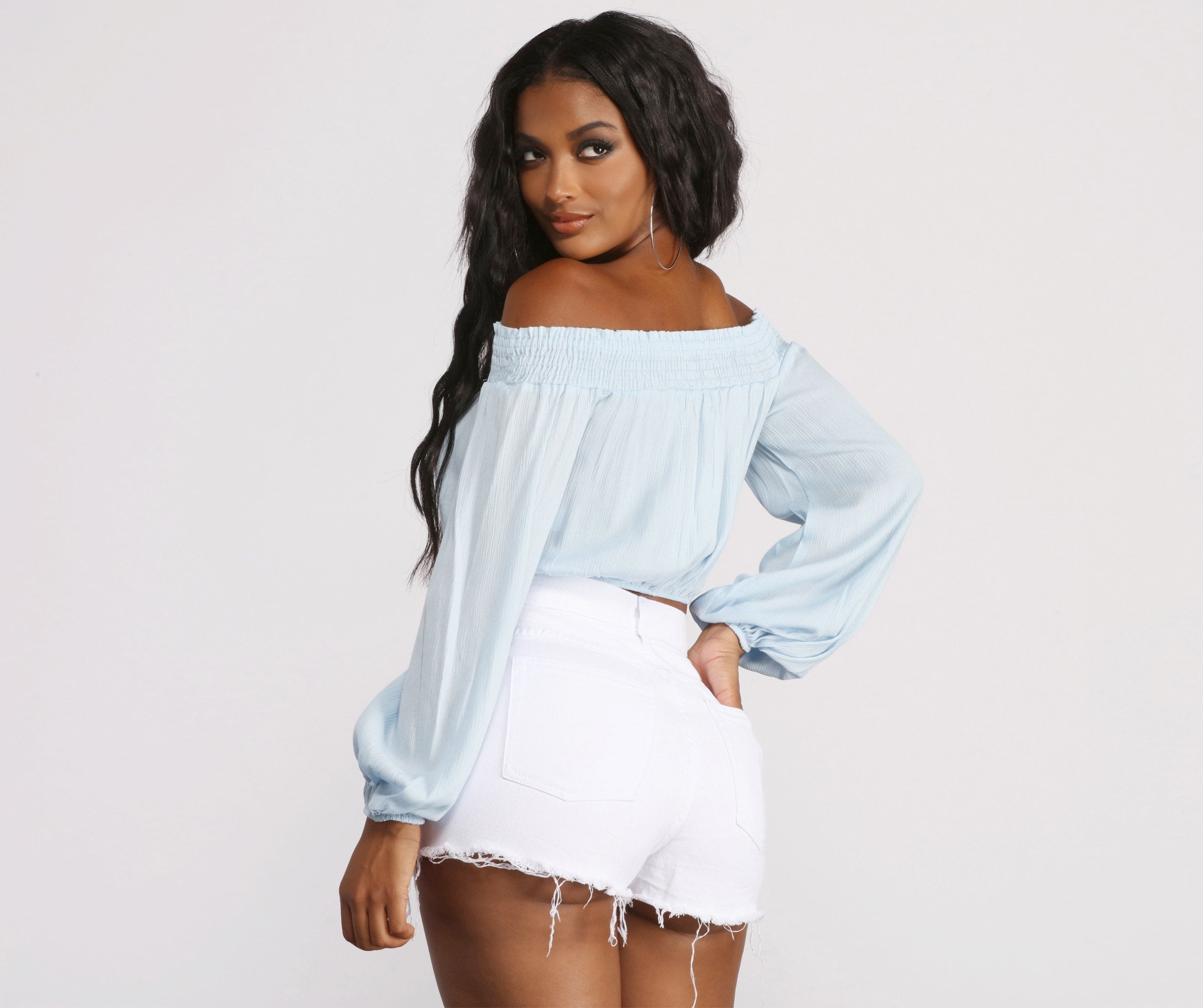 Off The Shoulder Long Sleeve Gauze Crop Top - Lady Occasions