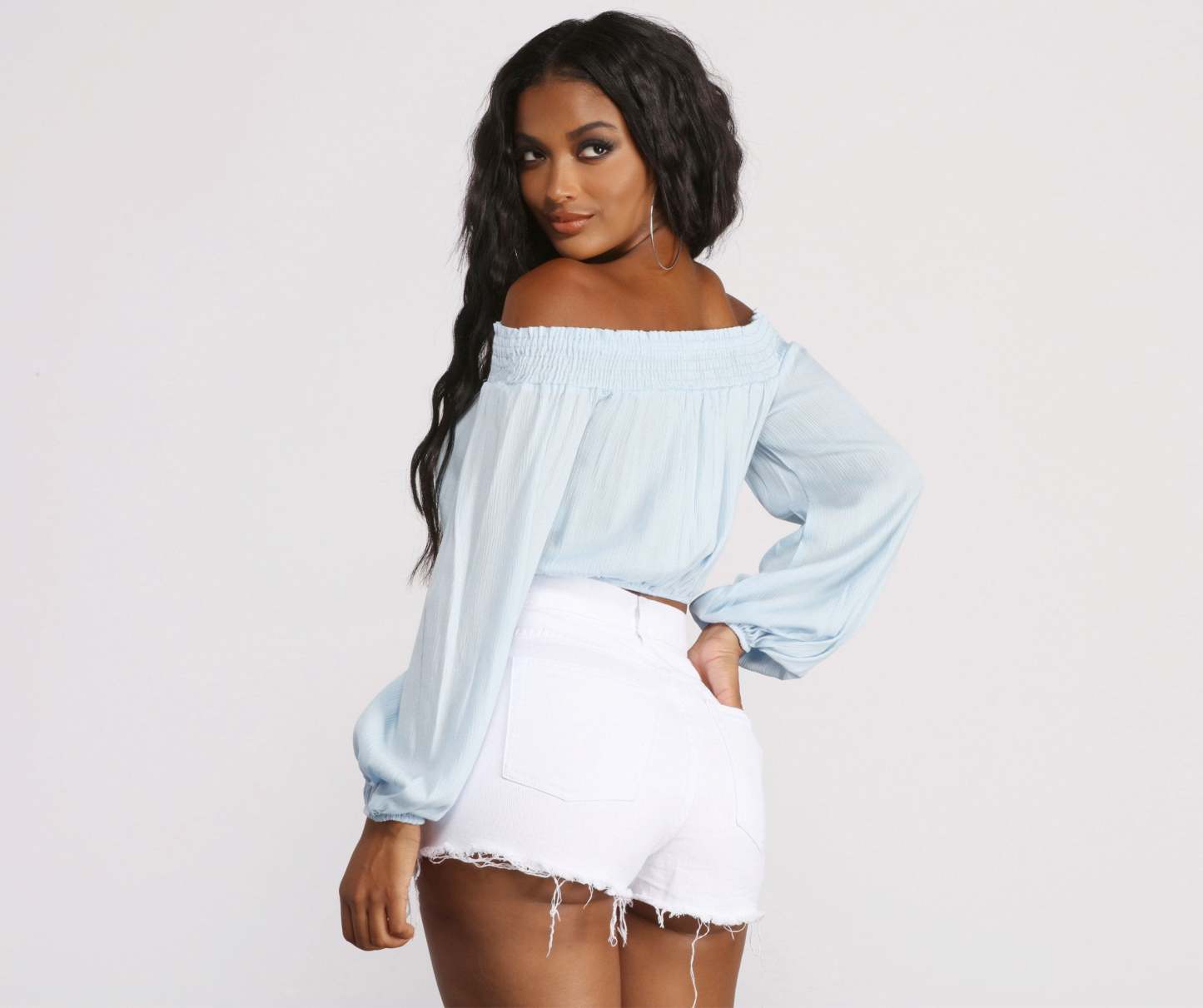 Off The Shoulder Long Sleeve Gauze Crop Top - Lady Occasions