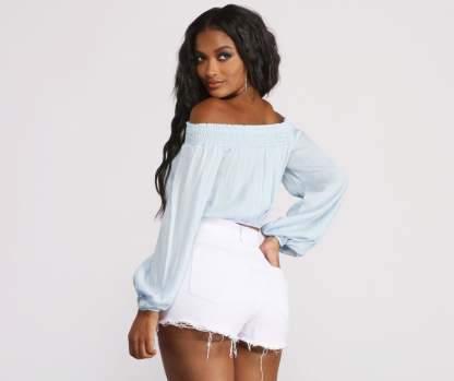 Off The Shoulder Long Sleeve Gauze Crop Top - Lady Occasions