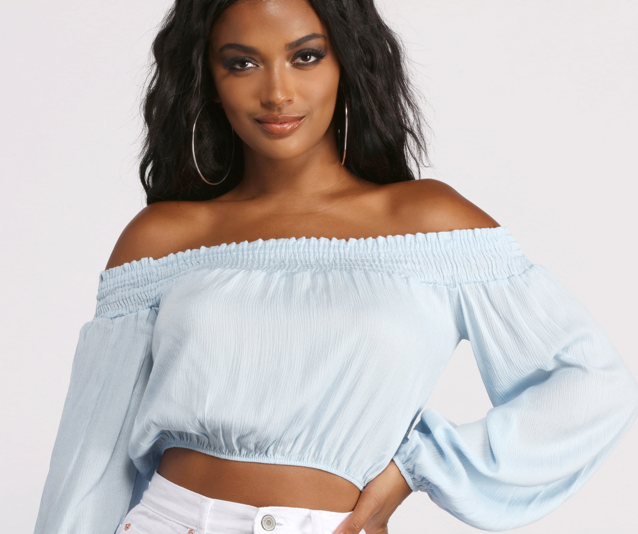Off The Shoulder Long Sleeve Gauze Crop Top - Lady Occasions