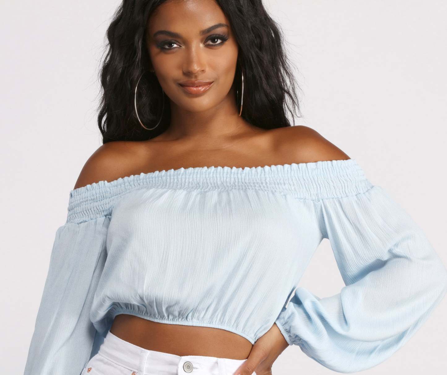 Off The Shoulder Long Sleeve Gauze Crop Top - Lady Occasions