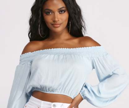 Off The Shoulder Long Sleeve Gauze Crop Top - Lady Occasions