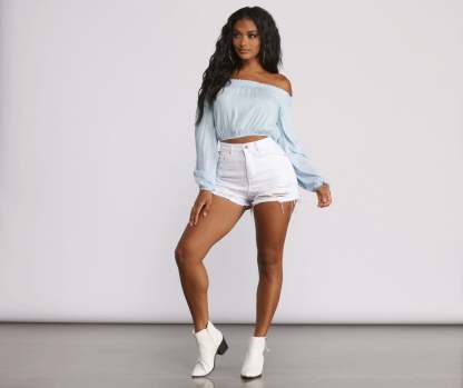 Off The Shoulder Long Sleeve Gauze Crop Top - Lady Occasions